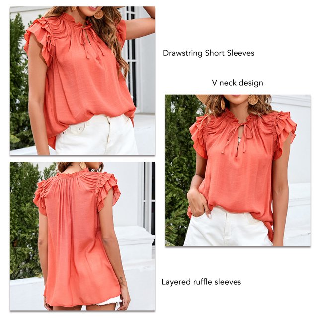 Drawstring Shirt Stylish Elegant Casual Polyester Ruffle Sleeve Blouse for Beach Party ANGGREK Otros