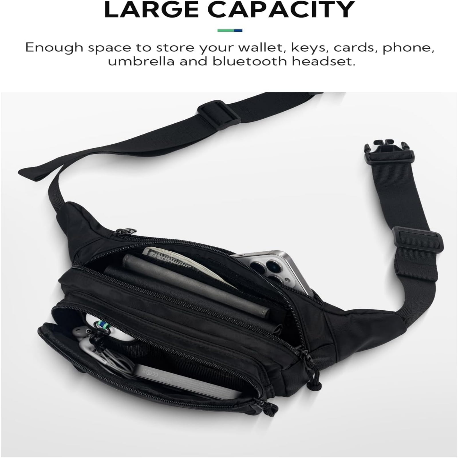 WATERFLY Unisex Large Capacity Running Walking Travel Nylon Fanny Pack Waist Bag,Black