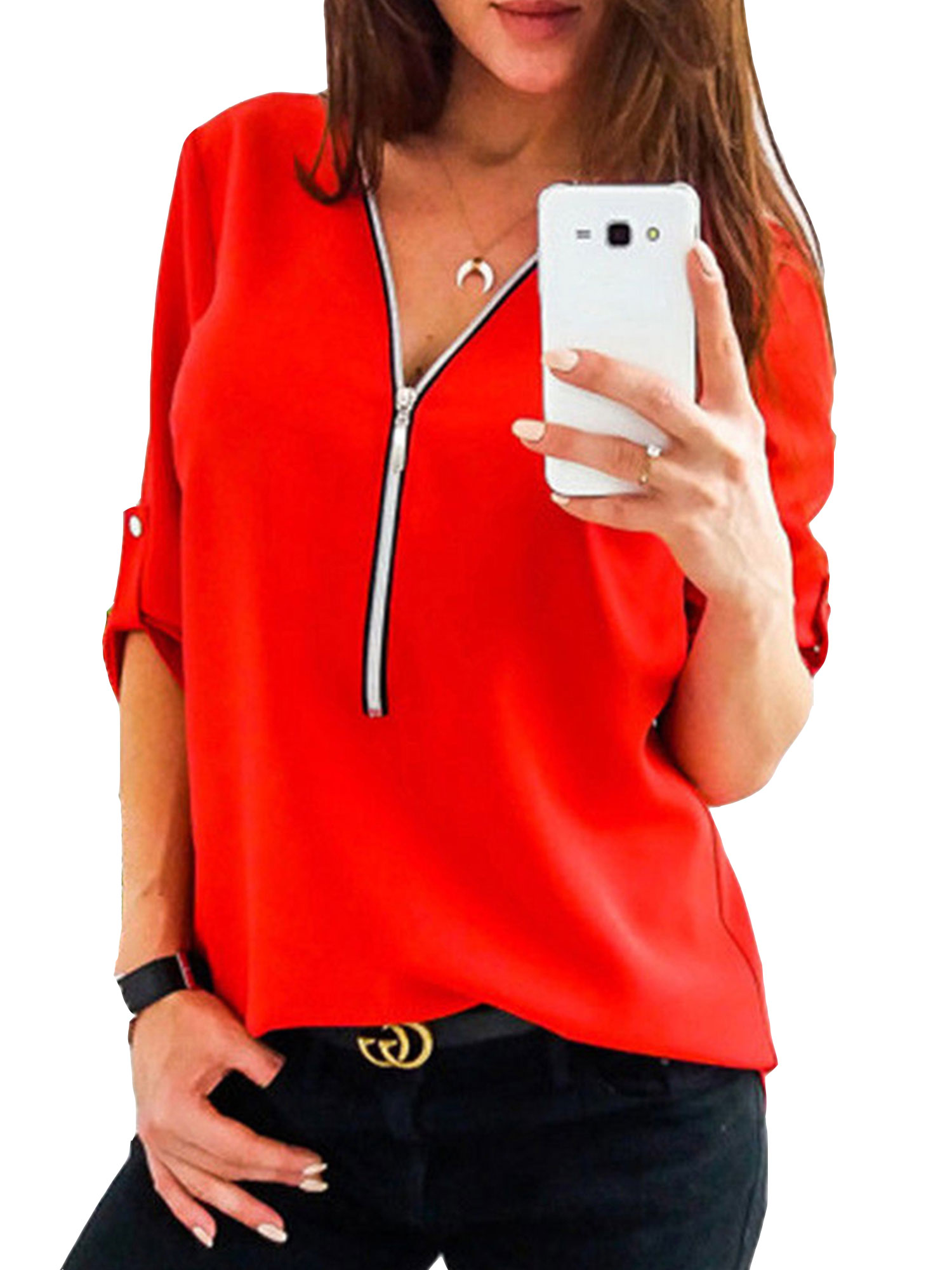 HiMONE Plus Size Women V Neck Shirt Summer Sleeveless Casual Blouse Zip Tops Ladies Zipper