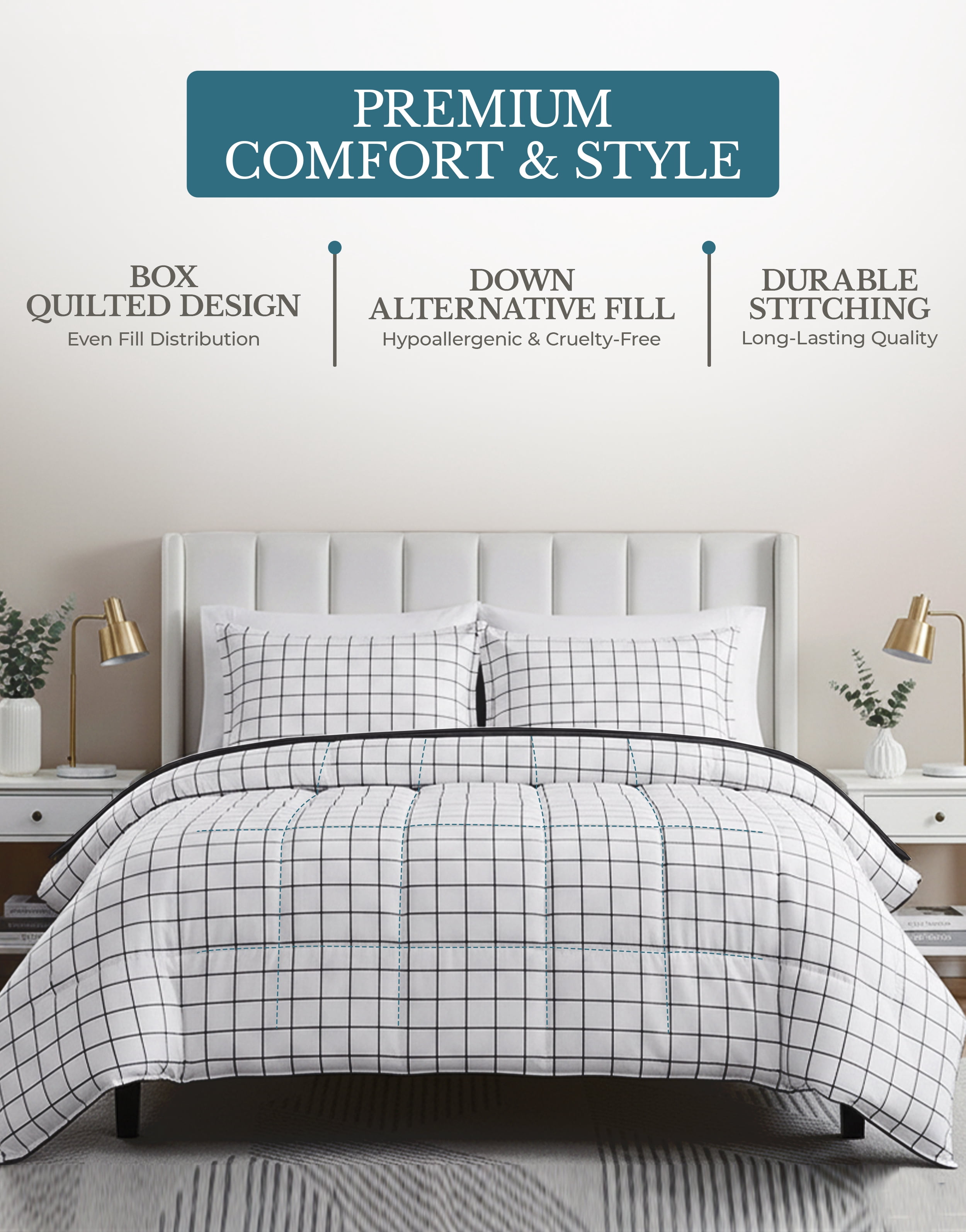 Casa Platino Comforter Set King- Fluffy Duvet Insert King Size - Pre-Washed Hydro-Brushed 100% Microfiber Comforter Set King Size - Comfy Bedding King Size Comforter Set- Windowpane Charcoal