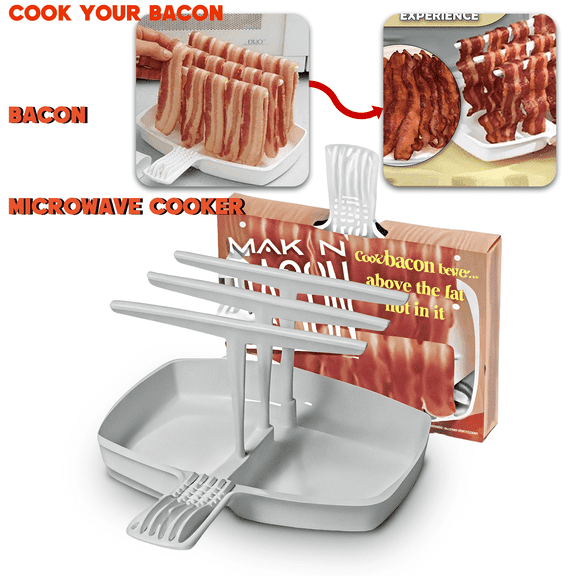 NEPIVEL Microwave Bacon Cooker, The Original Bacon Tray for Microwave Oven or Oven Cooking, Bacon Wizard Microwave Crispy Bacon Maker to Make Crispy Bacon in Minutes, White