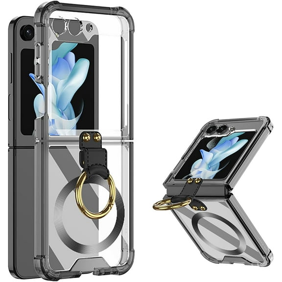 Ring Kickstand Magnetic Case for Samsung Galaxy Z Flip 5 4 5G Compatible with Magsafe,Shockproof Transparent Anti-Yellow for Women Men Armor Cover (Black,for Samsung Z Flip 5)