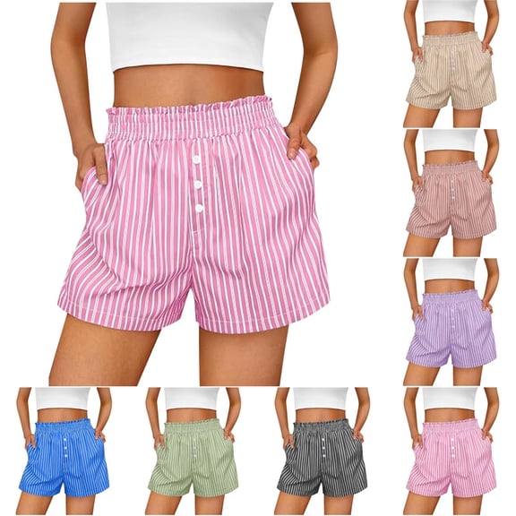 2026 Trendy Striped Shorts for Women Elastic High Waist Cotton Casual Pants Button Front Summer Loose Fit Lounge Shorts with Pockets, #03 Light pink, XXL