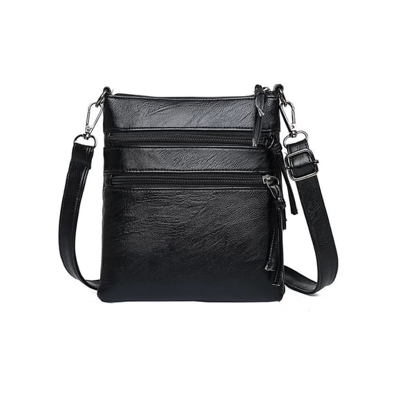 Small Crossbody Bag for Women, PU Leather Shoulder Purse with Multiple Zipper Pockets and Adjustable Long Strap, Black