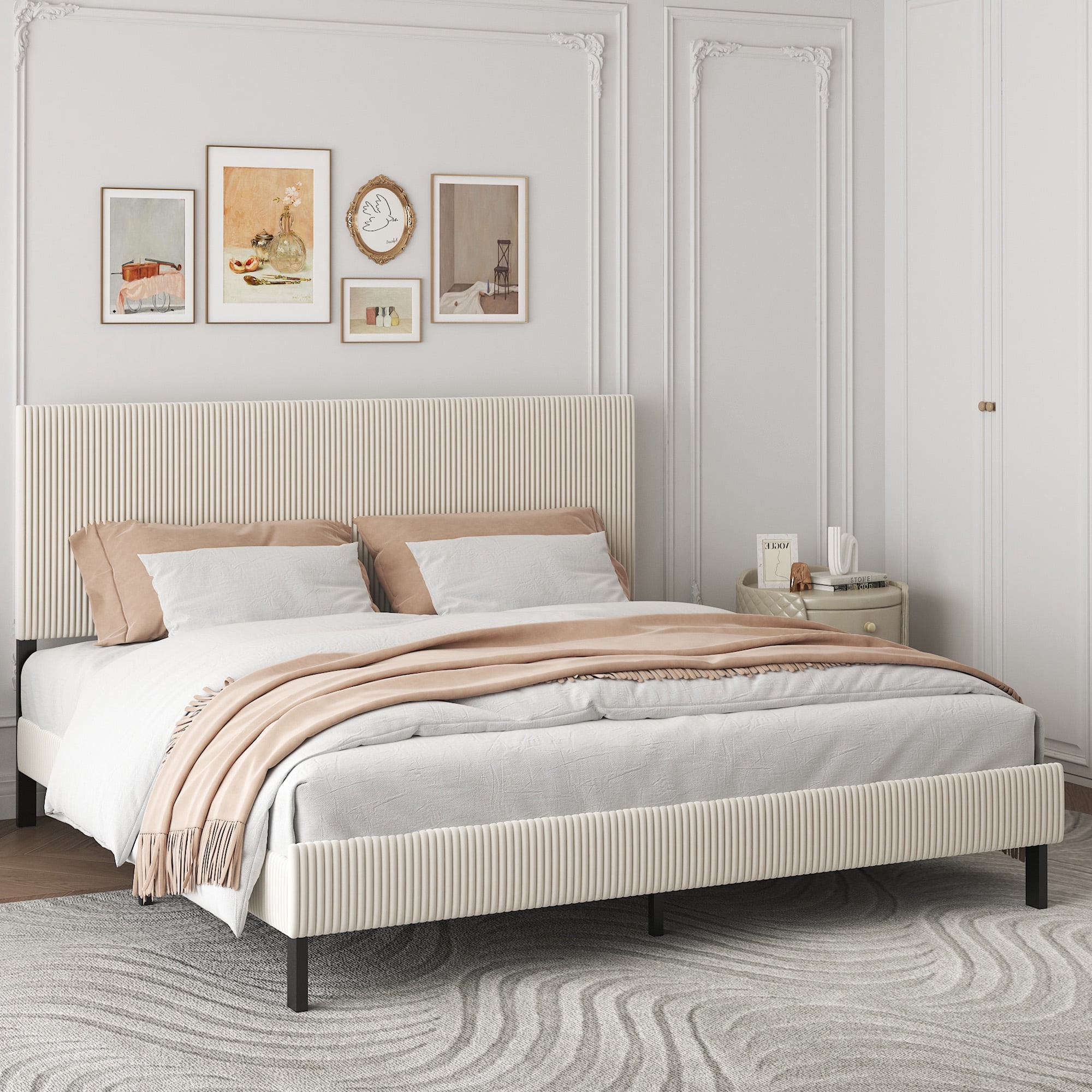 Yoneston King Size Bed Frame with Bandaged Upholstered Headboard for Adults Bedroom No Box Spring Required Easy to Assembly, Beige