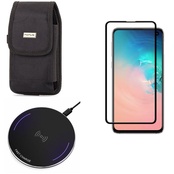 Galaxy S10e Wireless Charger w Case Belt Clip w Screen Protector - Fast 7.5W and 10W Charging Pad, Swivel Holster Rugged, Tempered Glass 5D Curved Edge for Samsung Galaxy S10e Phone