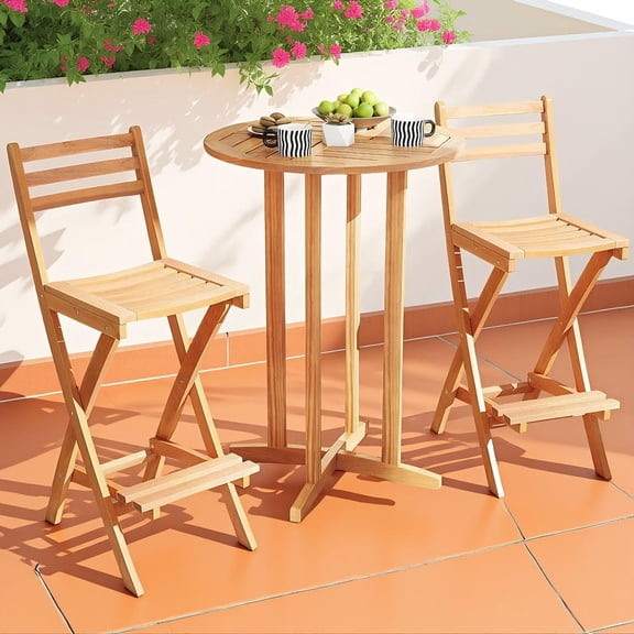GVN Acacia Wood Outdoor Bar Height Chair Set of 2 Patio Seating with Backrest Footrest for Backyard Balcony Garden Deck Outdoor Furniture, Natural
