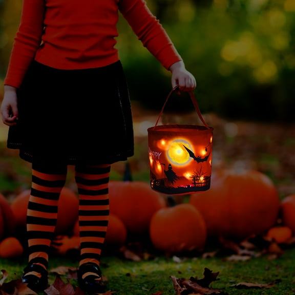 LHWEN Halloween Candy Bags Trick Or Bags Light-Up Halloween Buckets Full Halloween Theme Pumpkins Bats 9.8" Diameter x 9.8" High LED Design Multipurpose Reusable Lightweight Sturdy Material Polyester