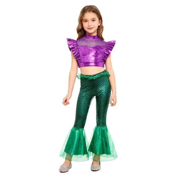 inlzdz Mermaid Costumes for Girls Sparkly Crop Top and Fish Scale Flare Pants Purple Green A 8