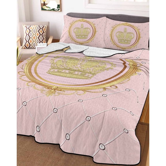 Golden Crown Queen Size Down Alternative Comforter, Lightweight Comforter Quilt Bedding Set with Pillow Shams Pink Cartoon Funny Geometric Plaid Art All Seasons Bed Comforter Duvet Insert 90"x96"