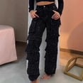 thumbnail image 4 of 1. Women's Rhinestone-Embellished Wide Leg Jeans with Stretch Waist & Multi Pockets Cargo Trousers, 4 of 8