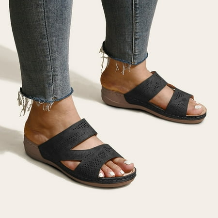 

NEGJ Summer Fashion Womens Casual Shoes Folded Leather Bohemian Open Toe Flat Slippers