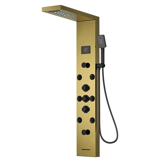 Sistema de torre de panel de ducha LED de acero inoxidable, cabezal de ducha de cascada, llave de 5 funciones, sistema de masaje de lluvia, montaje en