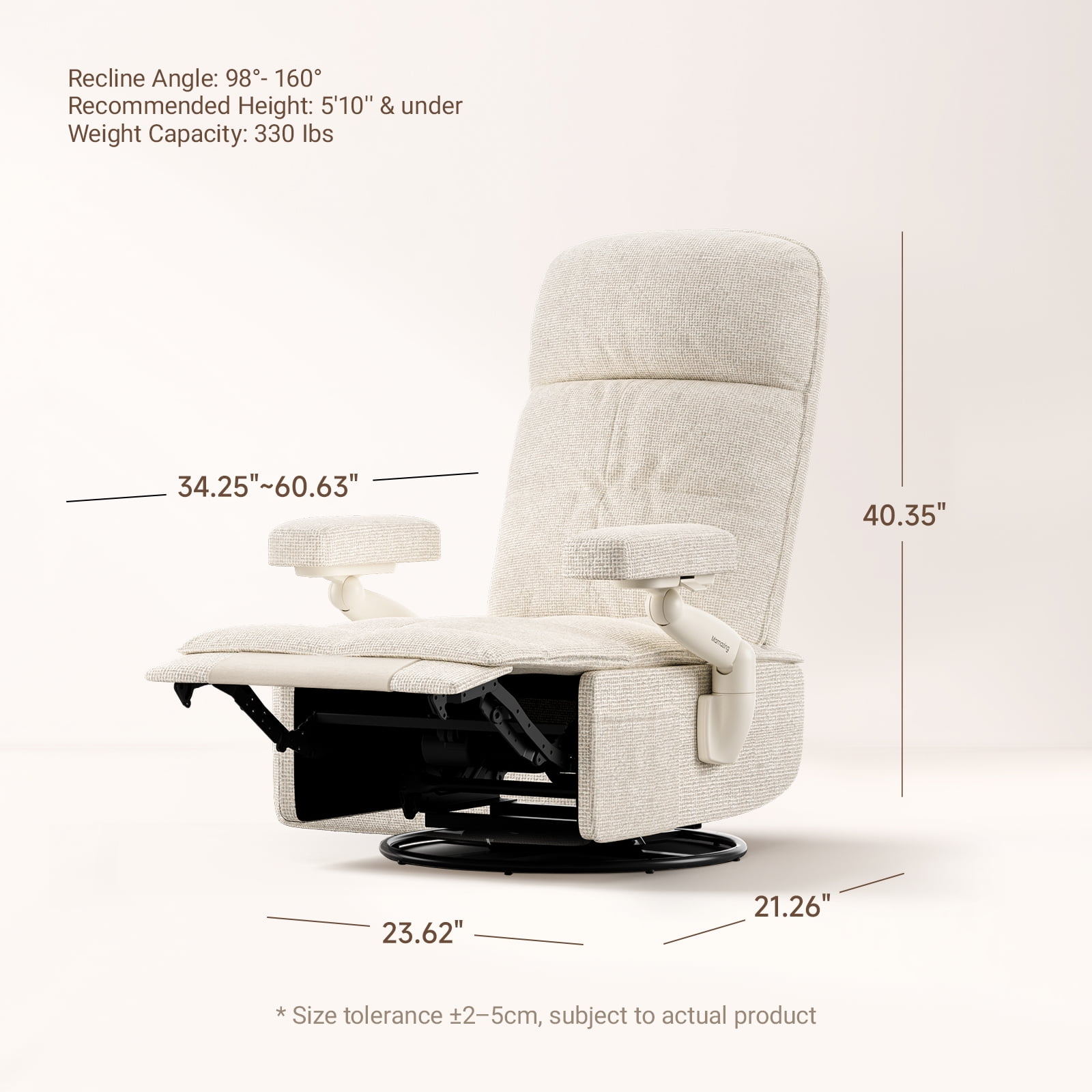 MAMAZING Nursery Chair Silent Rocking Ergonomic Removable Swivel Glider Recliner, Adjustable Armrests & Headrest, White