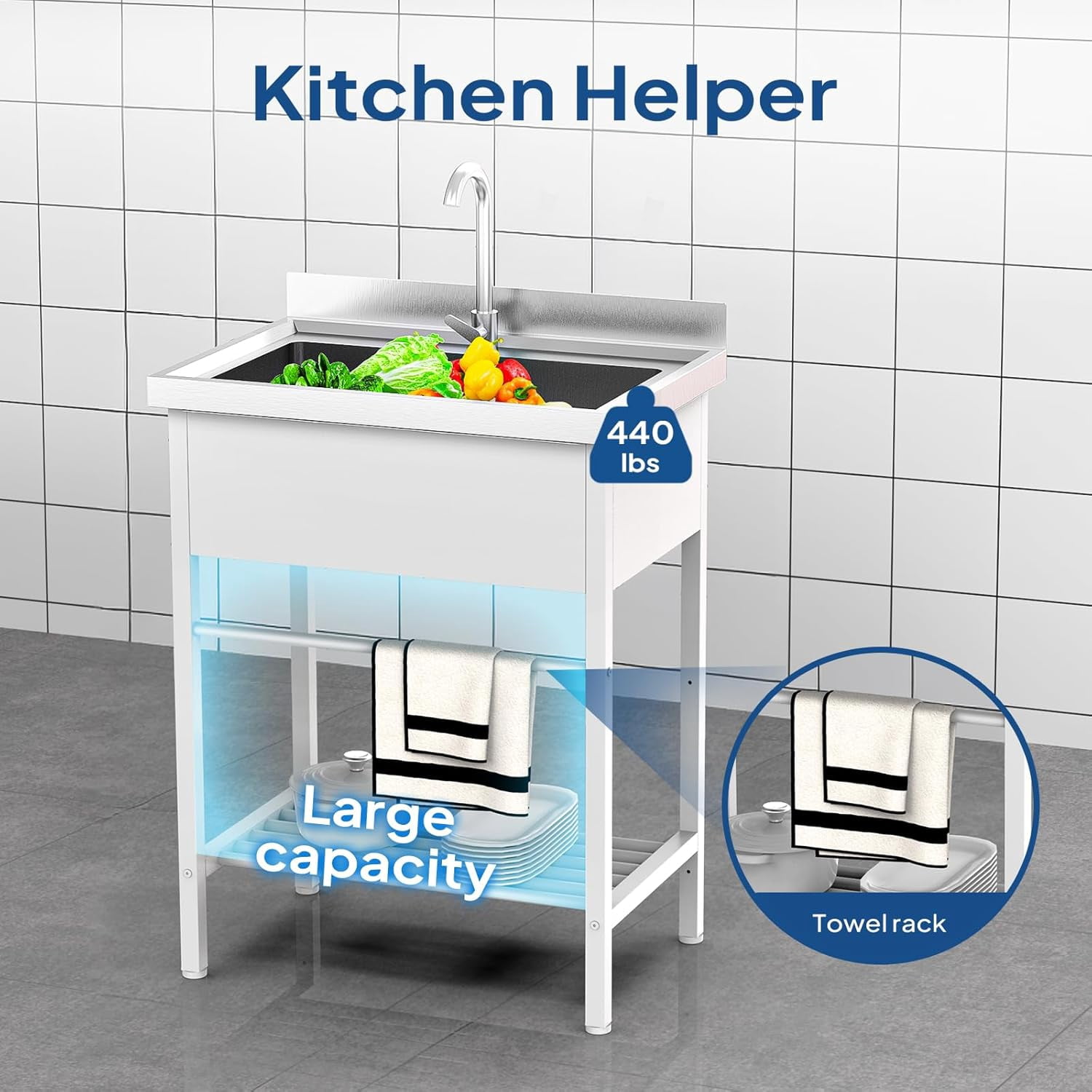Ktaxon Freestanding White Stainless Steel Utility Sink with Shelf, Compact Single Bowl Wash Basin for Laundry Garage Restaurant Prep, 26.5 x 17.3 x 39