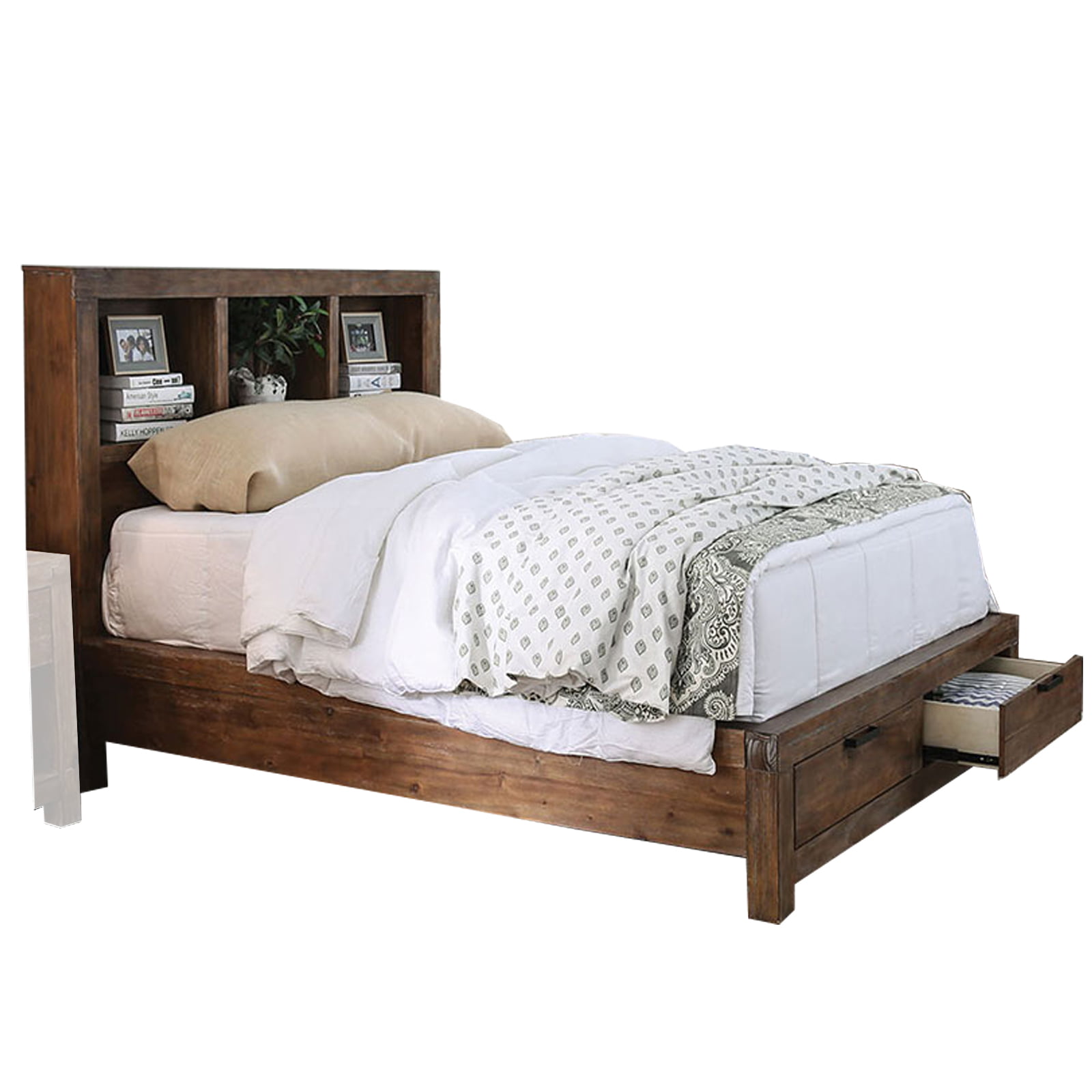 Rustic Wooden Queen Size Bed with Storage Compartments, Brown - Walmart.com