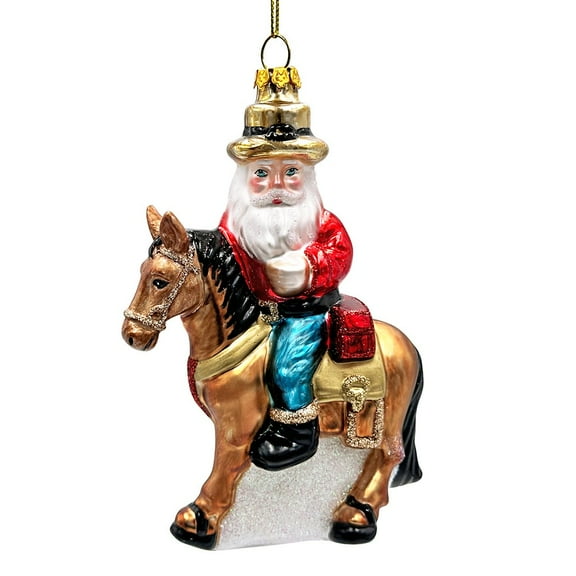 Hardy Wild Western Cowboy Santa Glass Christmas Ornament, Vintage Horse Ridin Farm Style Decor