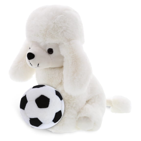 DolliBu White Poodle Dog Stuffed Animal with Soccer Ball Plush - Soft and Huggable Dog, Adorable Playtime Plush Toy, Cute Pet Life Gift, Super Soft Stuffed Doll Animal Toy for Kids, Adults -8.25Inch