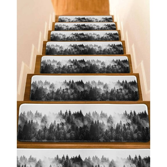 Black Forest Stair Treads for Wooden Steps Indoor Runner Rug Carpet, Black and White Natural Landscape Modern Abstract Art 10 Pieces Peel and Stick Staircase Step Treads Covers Door Mats 30"x8"