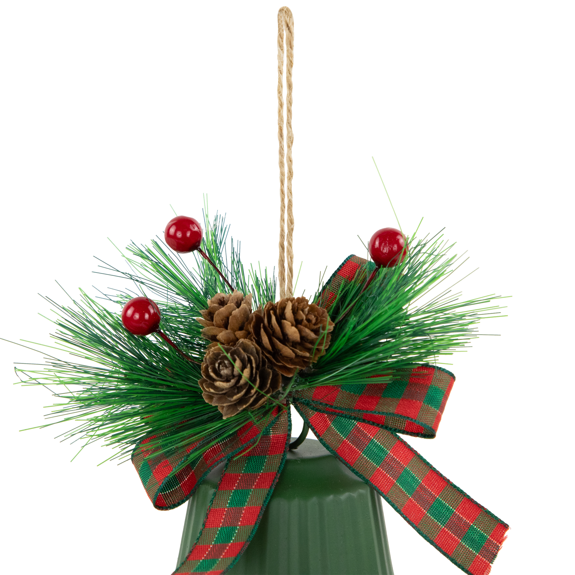 Northlight Christmas Bells with Pinecones and Plaid Bow Ornaments - 7" - Green - Set of 2