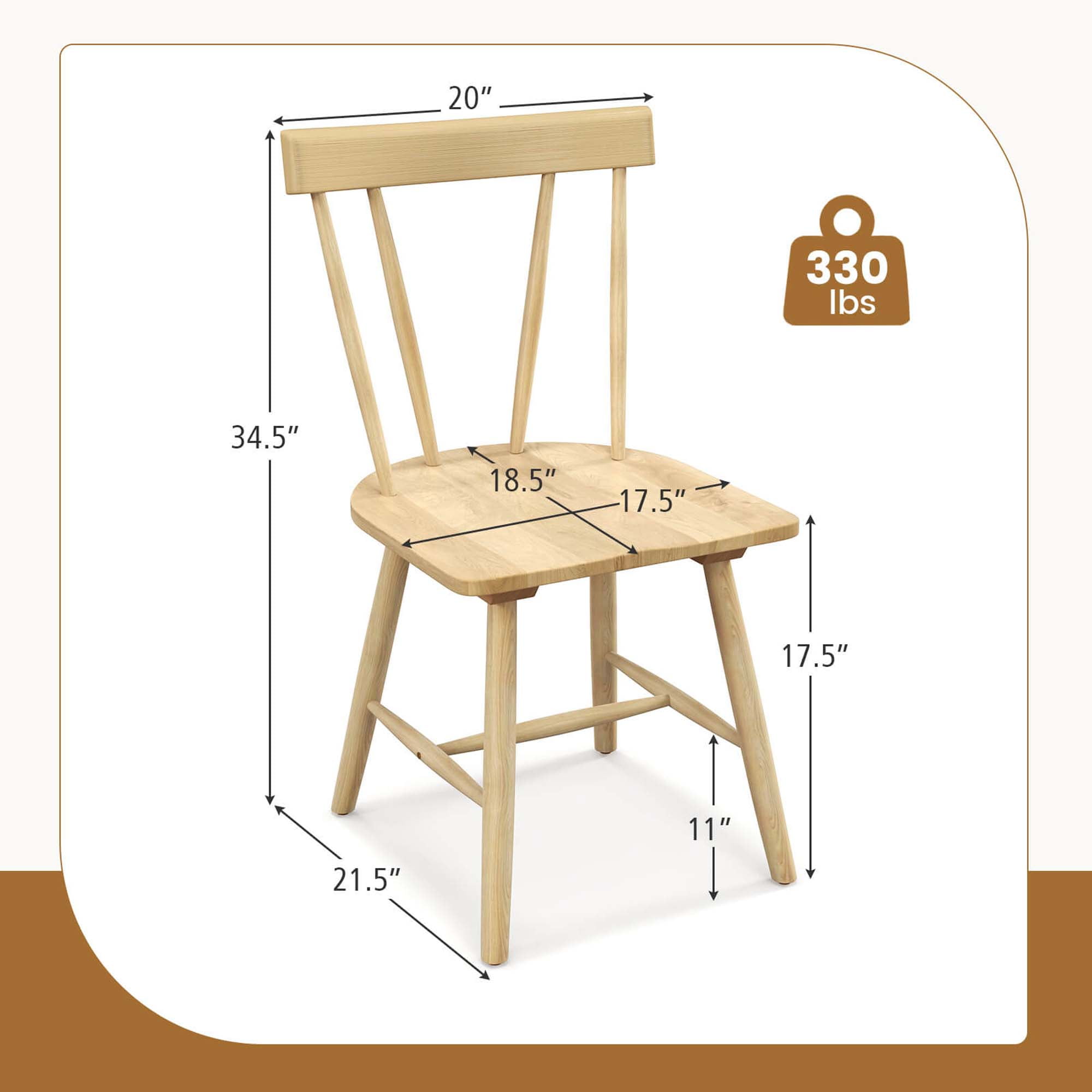 Costway Dining Chairs Set of 2 Windsor Chairs Wood Armless Chairs with Solid Rubber Wood Natural