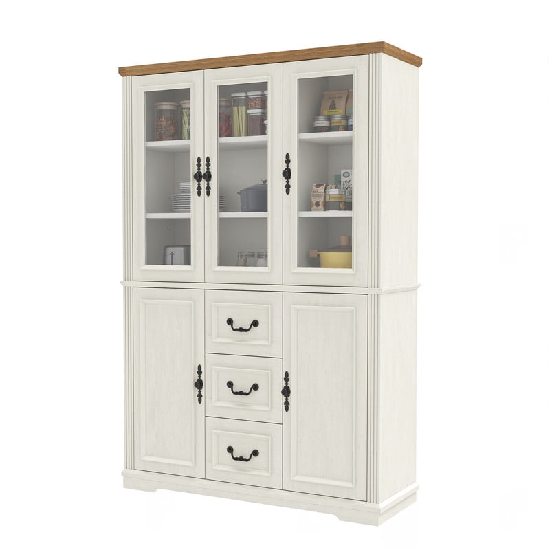 Uforic 70" Tall Pantry Cabinet with Glass Doors, Modern Farmhouse Kitchen Pantry Storage Cabinet with Drawer, White
