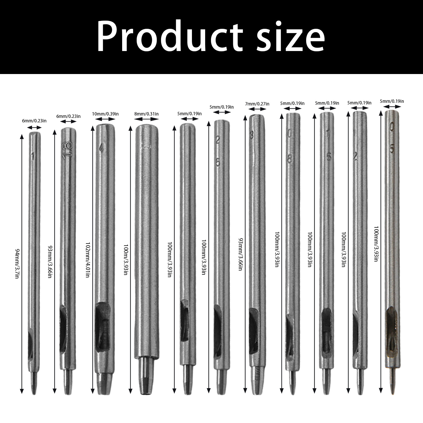 11Pcs Hollow Leather Hole Puncher 0.5mm-4.0mm Metal Round Hole Punching Tool With Ergonomic Handle For Leather Working