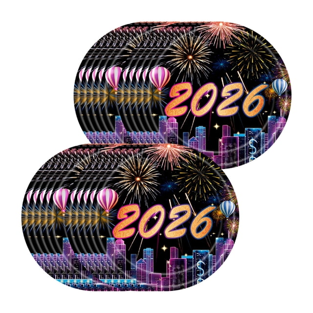 New Years Eve Party Supplies 20 Piece Disposable Paper Plates 7 Inch Black and Gold Multicolor Tableware Set