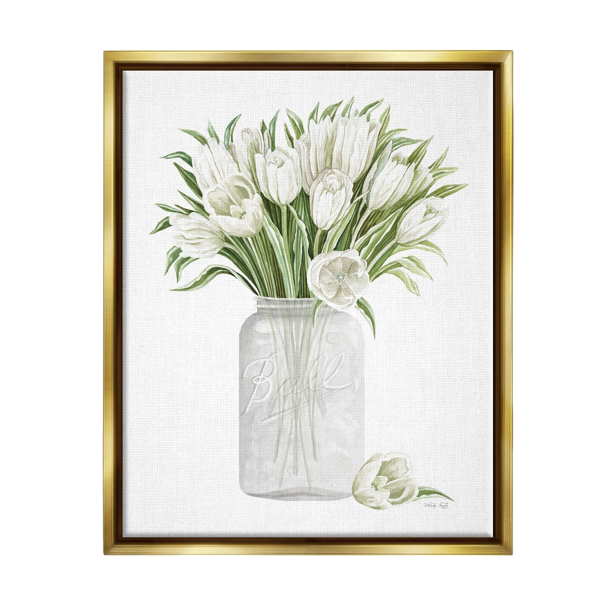 Stupell Industries White Tulips Rustic Country Jar Falling Blooms Painting Metallic Gold Floating Framed Canvas Print Wall Art, Design by Cindy Jacobs