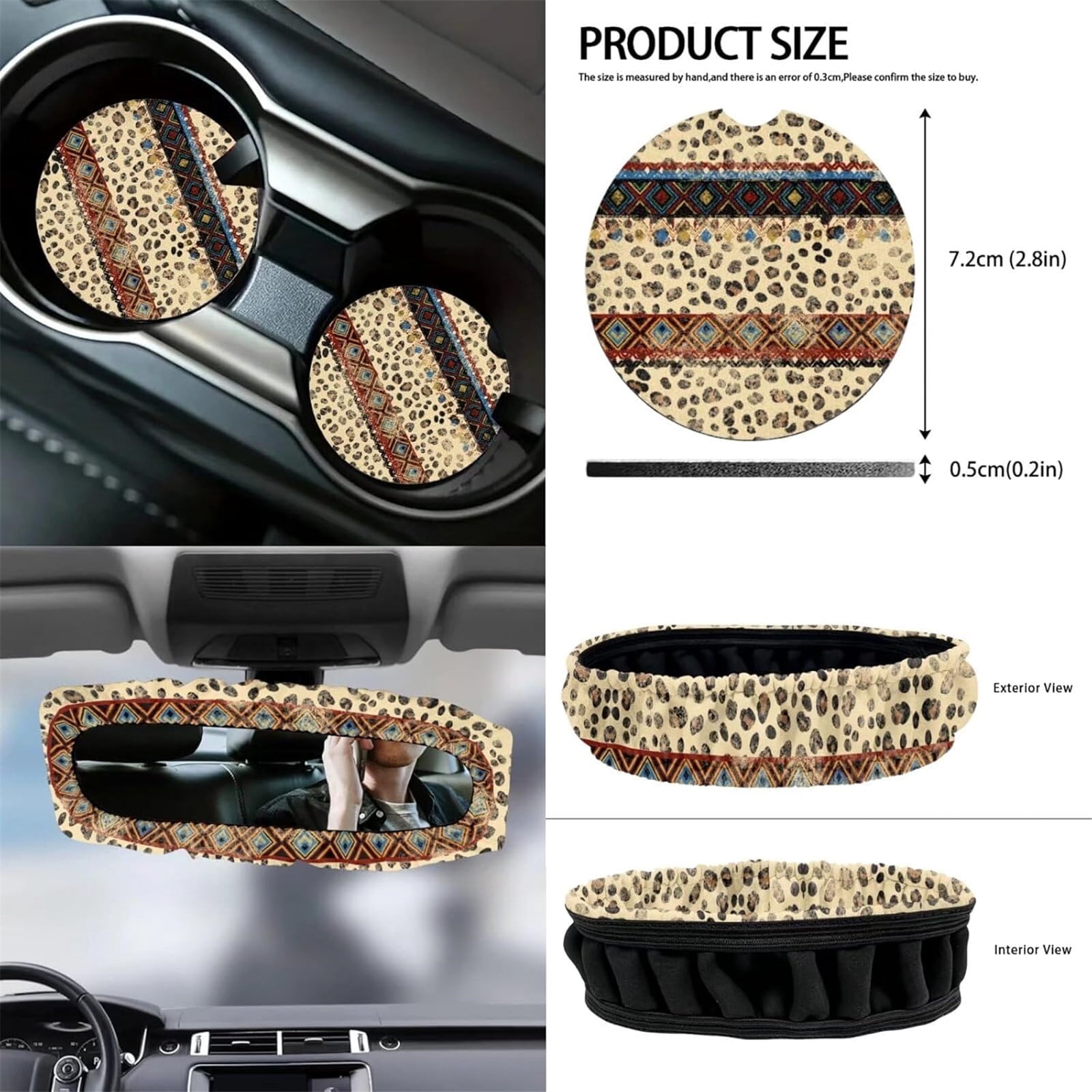 Yuyamidu 12pcs Leopard Print Front Car Seat Cover Set Aztec Ethnic Steering Wheel Cover Seatbelt Pad Armrest Pad Coasters Garbage Can Rear View Mirror Cover Keychain Air Vent Bag Universal Fit