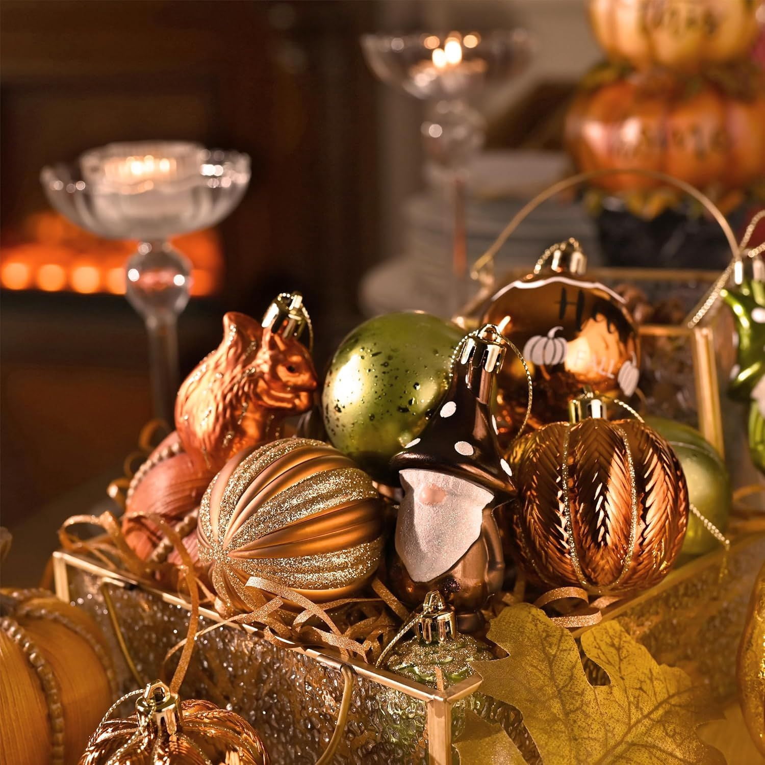 Autumn Christmas Tree Ornaments Set Hello Fall with Acorns Squirrels Pumpkins