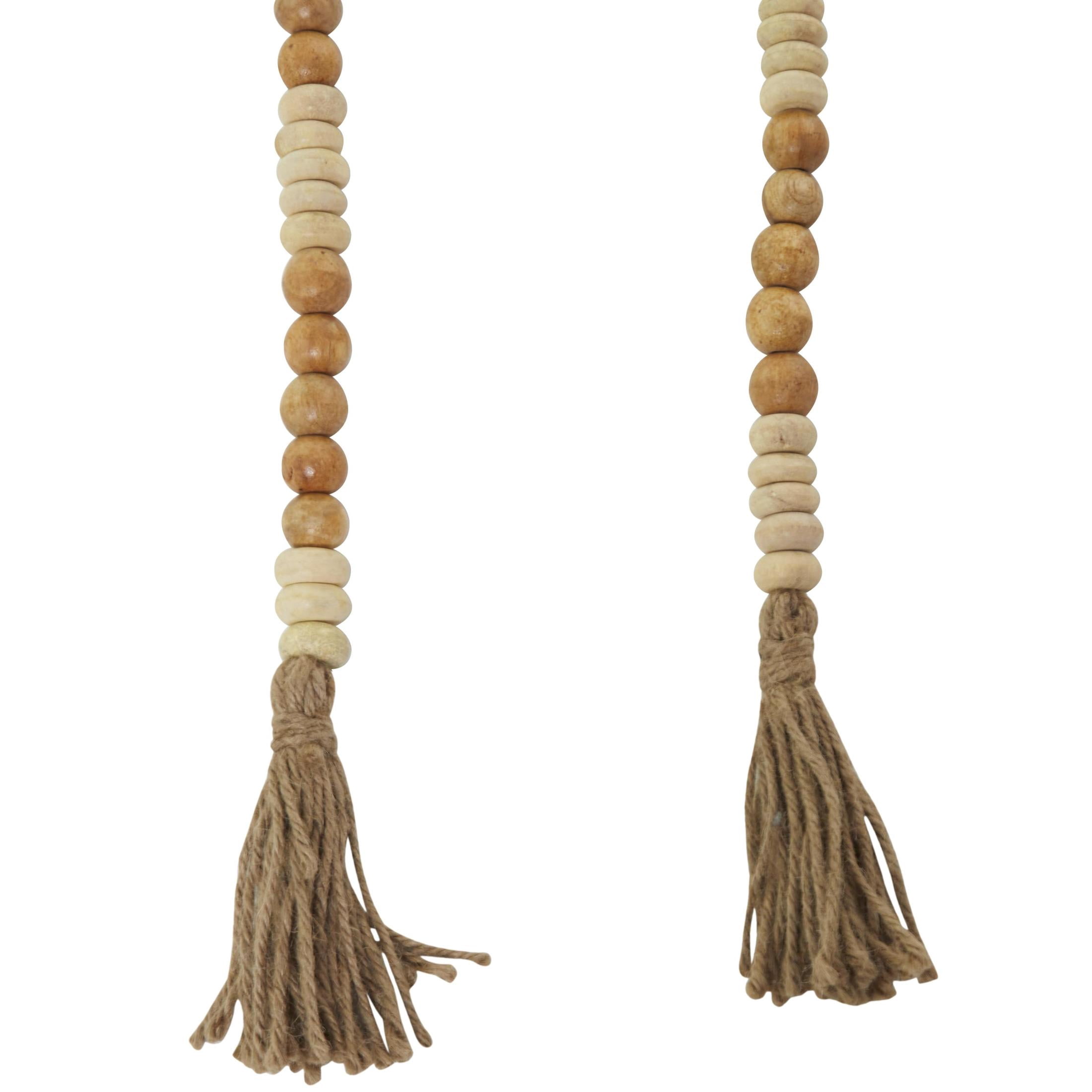 DecMode Handmade Round Long Carved Brown Mango Wood Garland with Tassel