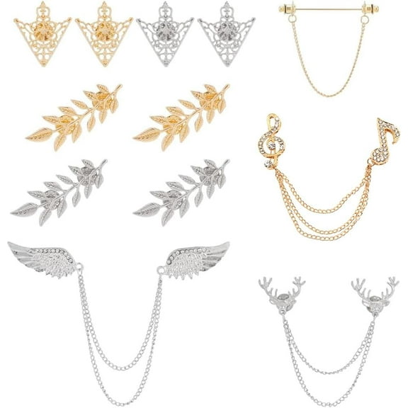 PH 12pcs Tassel Chain Brooch Collar Pins 8 Styles Wing Double Link Chains Tie Clips Chain Leaf Flower Lapel Pin Retro Shirt Collar Decoration for Men Women Shirt Suit Tuxedo Tie Hat Scarf colorful