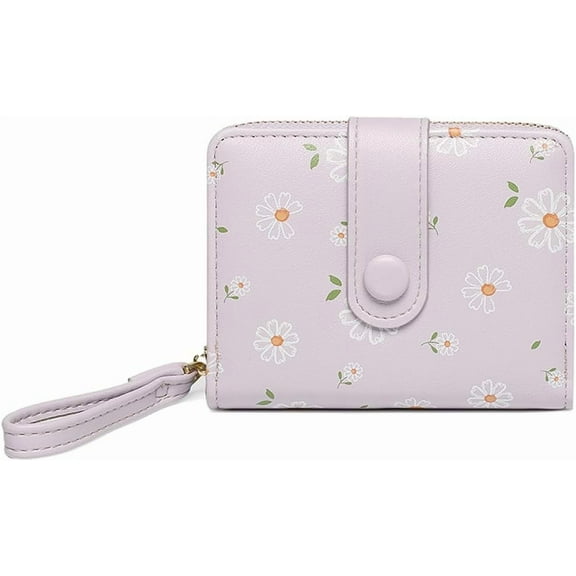 Fashion Cute Daisy Flowers Print Wallets with Exterior Zipper Around Coin Purse Bifold Bill Wallet with Credit Card Holder Id Window (BLUE)