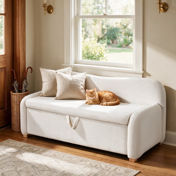 Finmind 55 Inch White Storage Bench with Backrest, Ottoman Bench & End of Bed Bench for Bedroom, Living Room