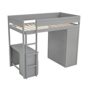 Euroco Wood Twin Size Loft Bed with Desk and Wardrobe, Gray