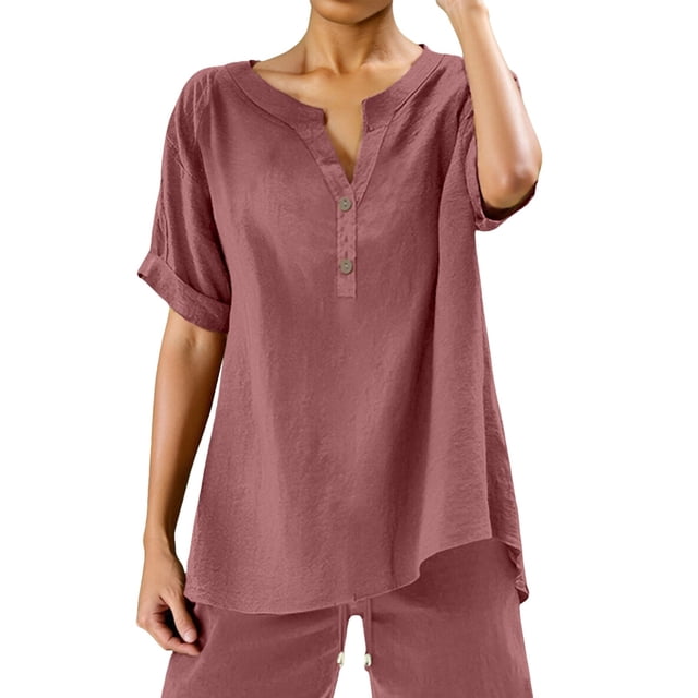 Womens Loose Buttons Down Blouse Tops Solid Casual Short Sleeve Shirt Blouse