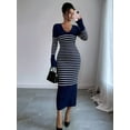 thumbnail image 3 of Women'S Striped V Neck Sweater Dress Long Sleeve Bodycon Midi Dresses Navy Blue S, 3 of 5