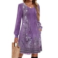 thumbnail image 4 of CharmCyan Ladies' Printed Casual And Fashionable V-neck Long Sleeved Mid Length Dress Purple M L, 4 of 4