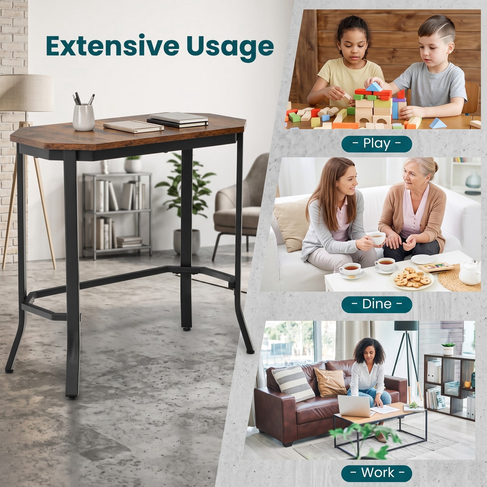 Furnibear Narrow End Table, Rustic Wood Grain Hexagon Side Table with Sturdy Steel Frame and Adjustable Foot Pads for Living Room Bedroom Entryway, Rustic Brown