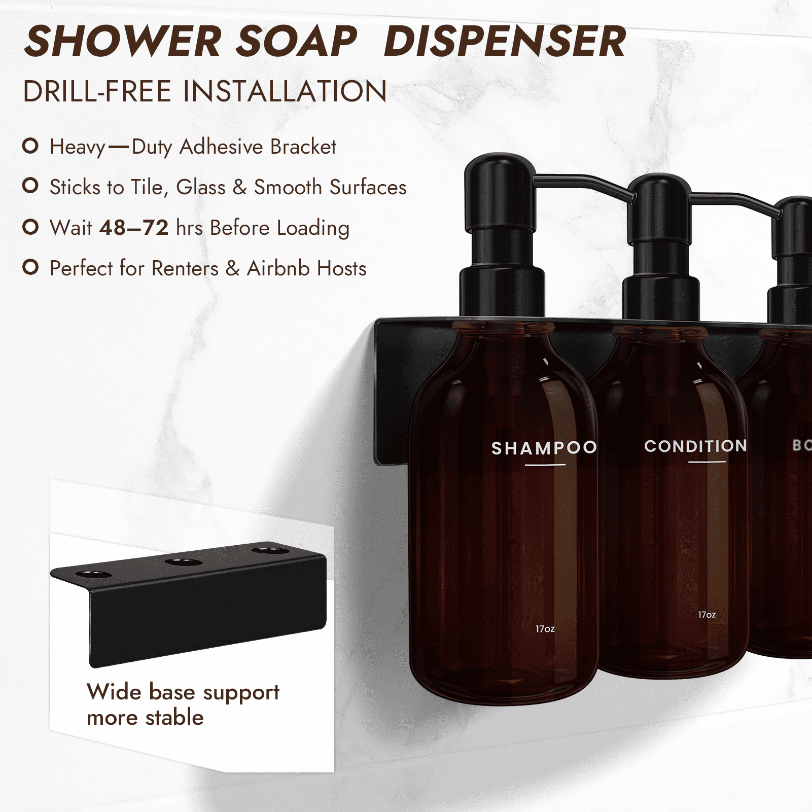 Nurforta Shampoo and Conditioner Dispenser - Shower Soap Dispenser Wall Mounted - 17 fl oz Set of 3 Brown Plastic Bottles with Stainless Steel Pumps & No-Drill Adhesive Holders for Bathroom