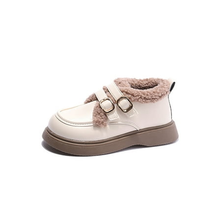 

Crocowalk Unisex-Child Leather Shoe Fleece Lined Loafers Uniform Warm Casual Shoes Non-Slip Wedding Flats Kids Comfort Fuzzy Beige 11C