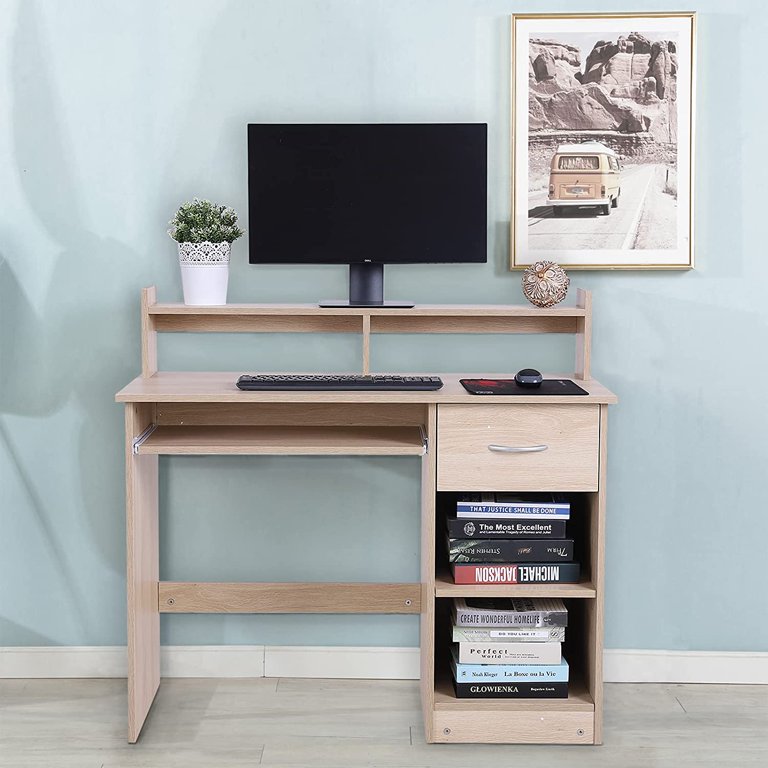 Modern Computer Desk with Storage Shelves & Drawers, Study Table with Hutch