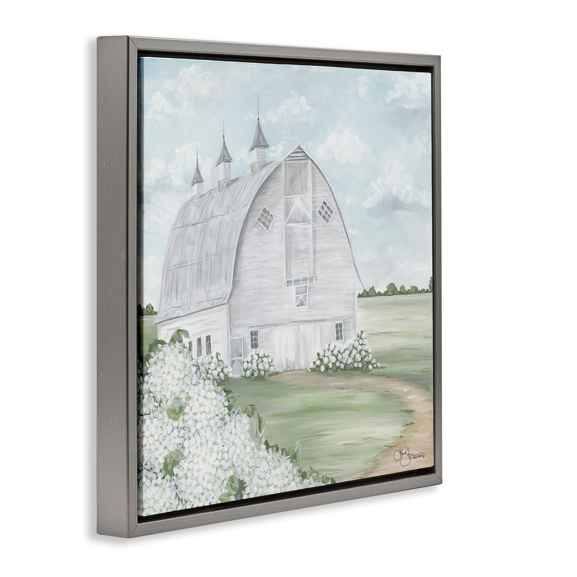 Stupell Industries Soft Country Landscape with Hydrangeas Landscape Painting Gray Floater Framed Canvas Art Print Wall Art, 25 x 25