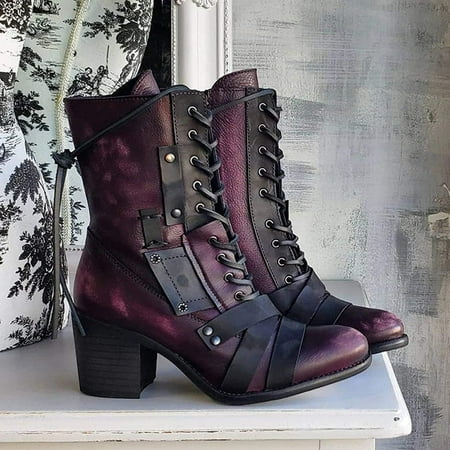 

Zunfeo Women Chukka Boots- Shoes Laceing Mid Heel Rivets Zipper Fashion Shoes Mid Leather Boots Purple 9.5