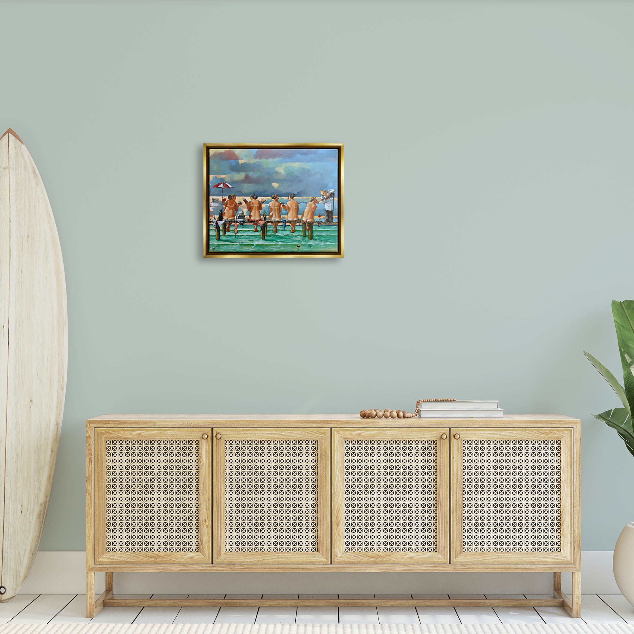 Beach Dock Women Summer Fun Coastal Painting Metallic Gold Framed Art Print Wall Art