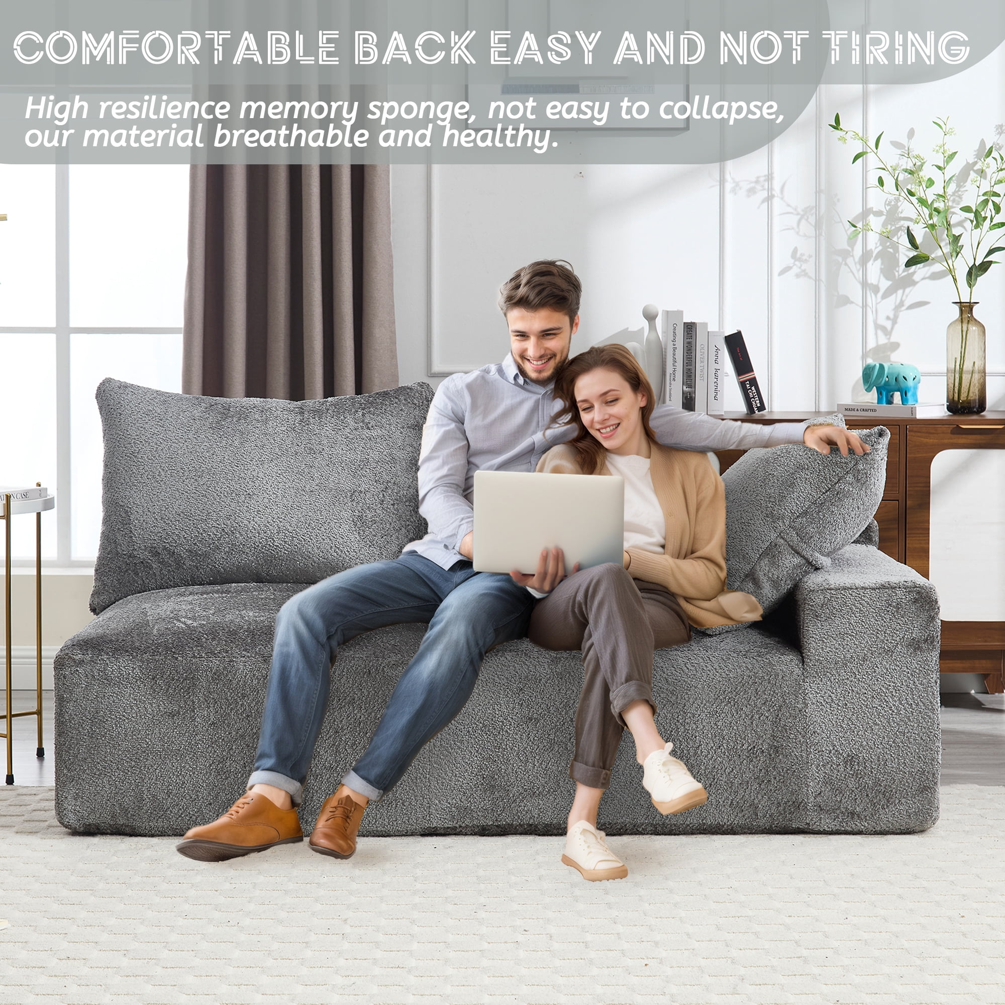 MOONMISS Boucle Upholstered Deep Seat Modern 2-Seater Lazy Leisure Sofa with 3 Pillows-Gray