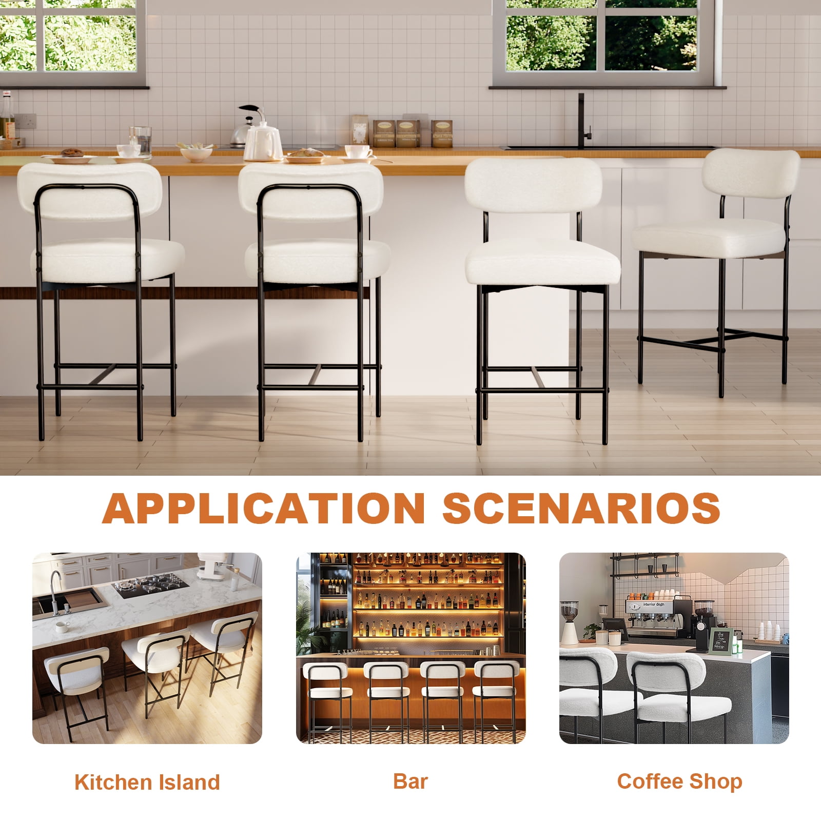 Hommpa Bar Stools Set of 4 with Back & Footrest 26" Counter Height Barstools Boucle Bar Chairs Modern Pub Chairs White Plush for Kitchen Island Bistro Coffee Shop Mid Back