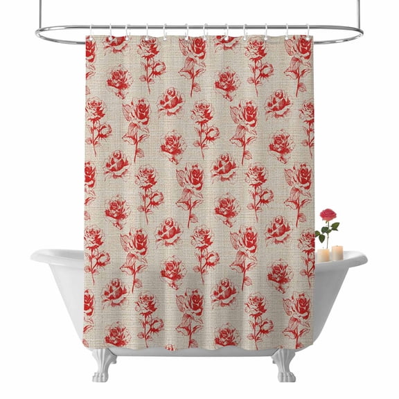 Valentine's Day Shower Curtain Red Rose Bathroom Curtains with Hooks, Waterproof Fabric Romantic Floral Linen Bath Shower Curtains Set for Bathroom Bathtubs Valentines Decor 72x72 Inch