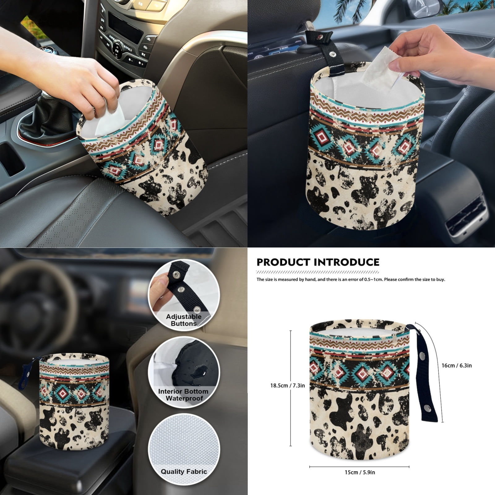Renewold American Tribal Cow Print Car Front Back Seat Covers 14 PCS Set, with Steering Wheel Cover Seat Belt Pad Garbage Bin Armrest Cover Pad Rearview Mirror Cover Handbrake Cover Set Coasters
